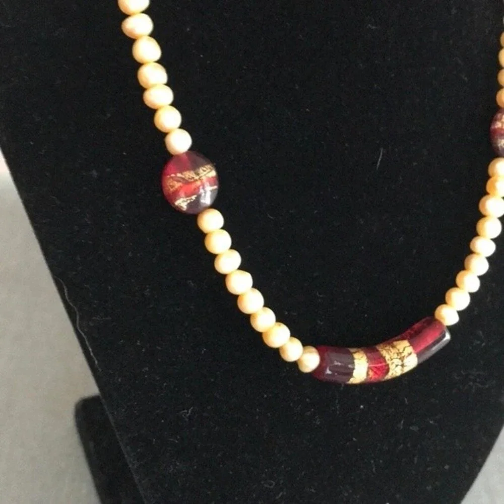 Vintage Handmade Venetian Glass Freshwater Gold Pearl Sterling Clasp Necklace 18
